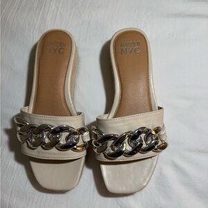 Madden NYC Women's Tan Slide Sandals with Silver Chain